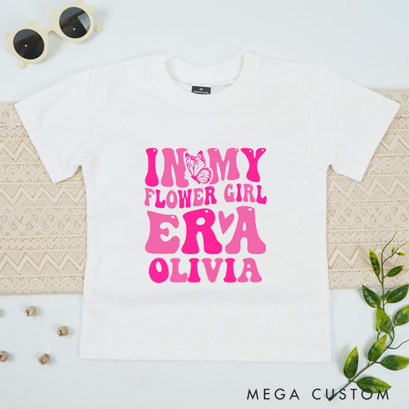 Personalized Retro Pink In My Flower Girl Era with Butterfly Wedding Flower Girl T-Shirt 