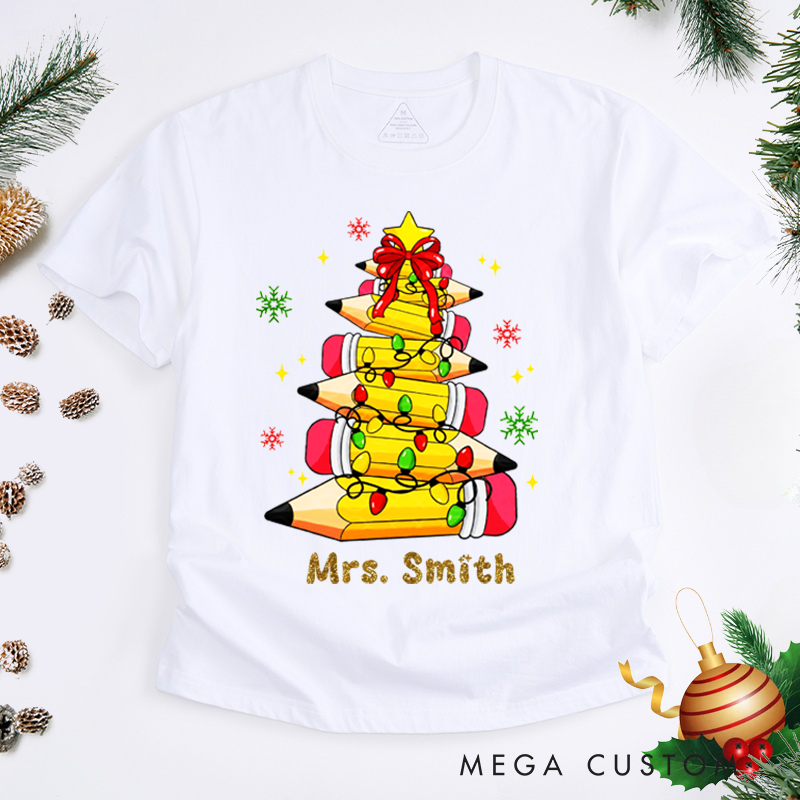 Personalized Teacher Christmas T-Shirts Cute Pencil Light Star Snowflake Design Shirt Christmas Gift for Teachers