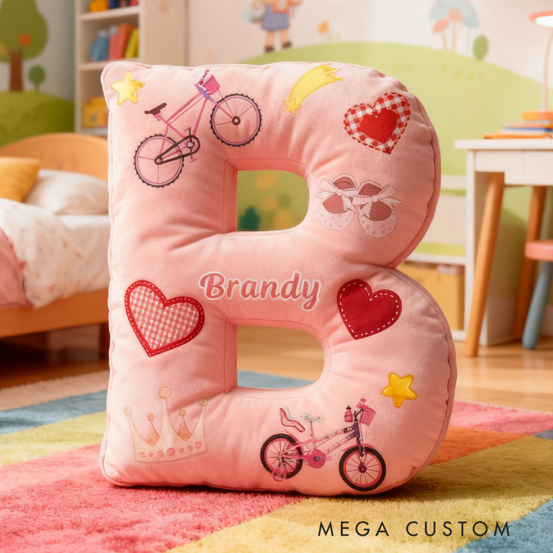 Personalized Cycling Pinky Heart Letter Pillow Graphic 3D Print Bow Letter Pillow Name Pillow Comfortable Travel Cushion for Riders Riding Lovers
