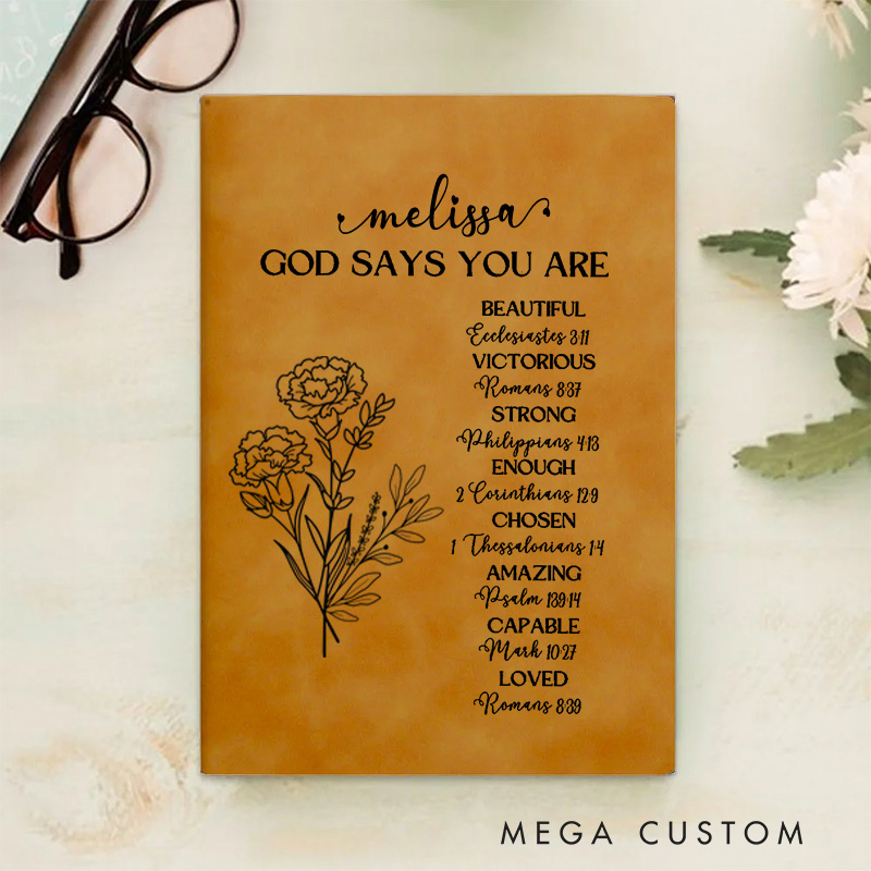 Personalized God Says You are Inspiration A5 Leather Prayer Journal Notebook with Birth Flower and Name Christian Gift Baptism Birthday Gift for Women