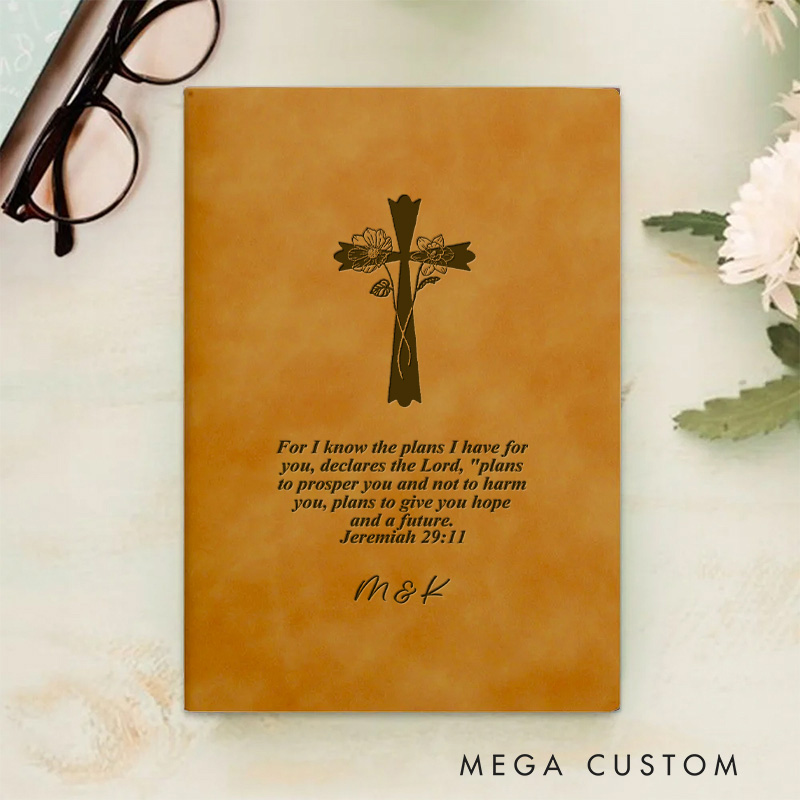 Personalized Engraved Cross Birth Flower Bible Verse Leather A5 Notebook with Name for Church Bible Study Christmas Easter Gift for Christian Prayer
