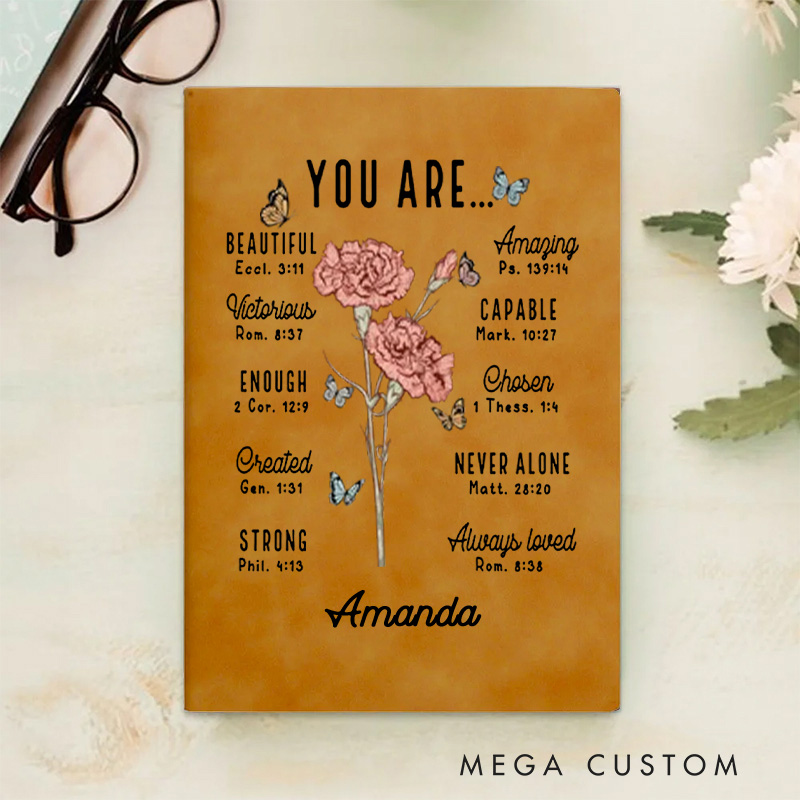 Personalized Birth Flower Bible Verse Prayer Journal Leather A5 Notebook with Name Baptism Birthday Gift for Women Christians