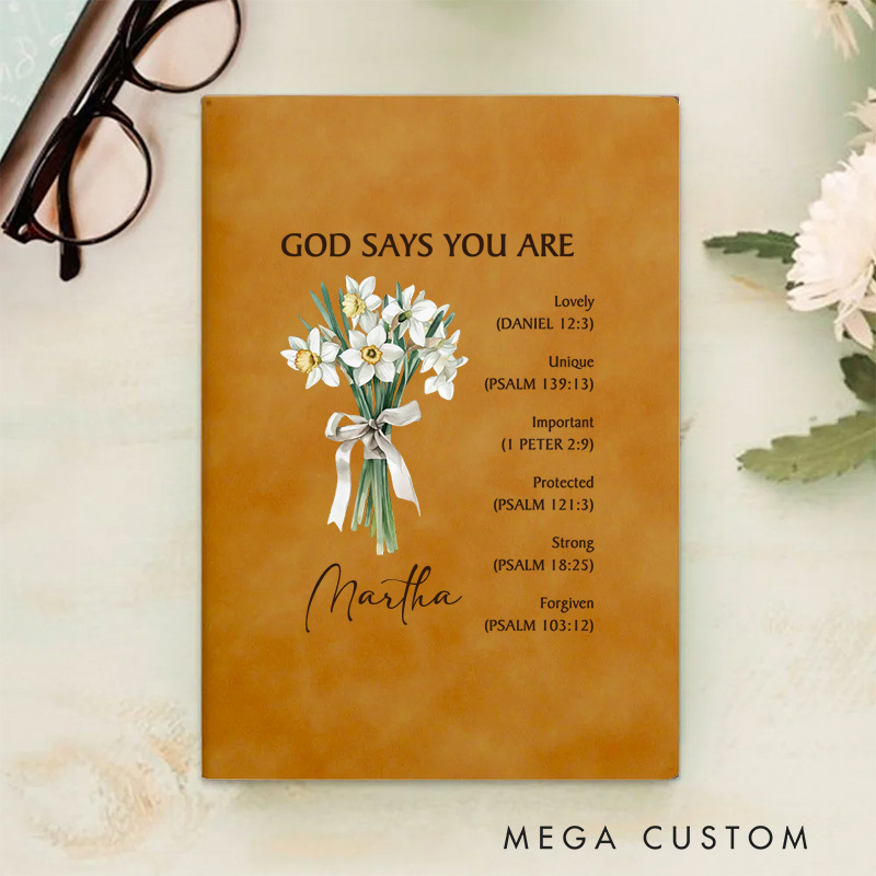 Personalized God Says You are Lovely A5 Leather Prayer Journal Notebook with Birth Flower Bouquet and Name Baptism Birthday Gift for Christians Women