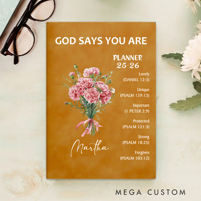 Personalized Flower Bouquet Bible Verse Planner 25-26 Leather A5 Notebook with Name Weekly Monthly Planning Birthday Religious Gift for Family Friends