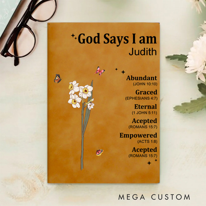 Personalized God Says I am Name Meaning on Bible Verse Leather Prayer Journal Notebook with Name Baptism Gift Thanksgiving Gift for Family Christians