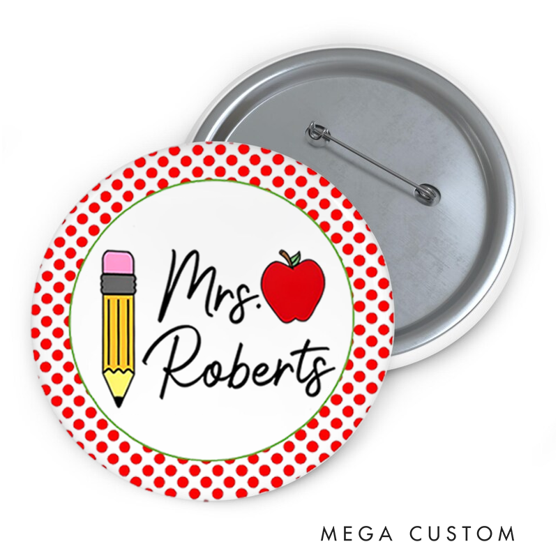 Personalized Teacher Button Pin with Apple and Pencil Cute Classroom Accessories Fun Badge Gift Teacher Appreciation Gift