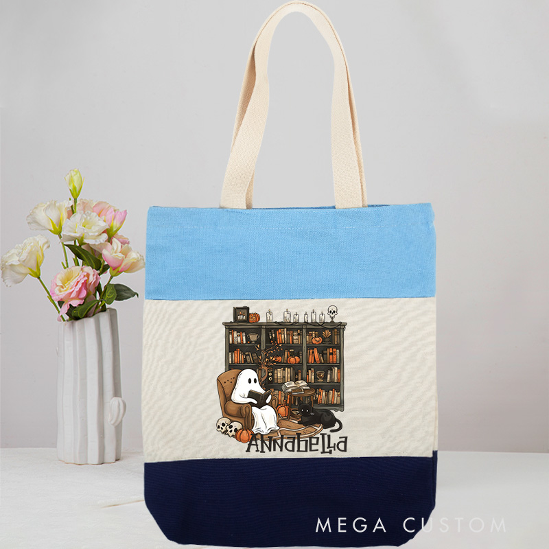 Personalized Retro Ghost Reading Books Tote Bag Book Lover Bag with Name Halloween Tote Bag Halloween Gift Librarian Gift Reader Gift