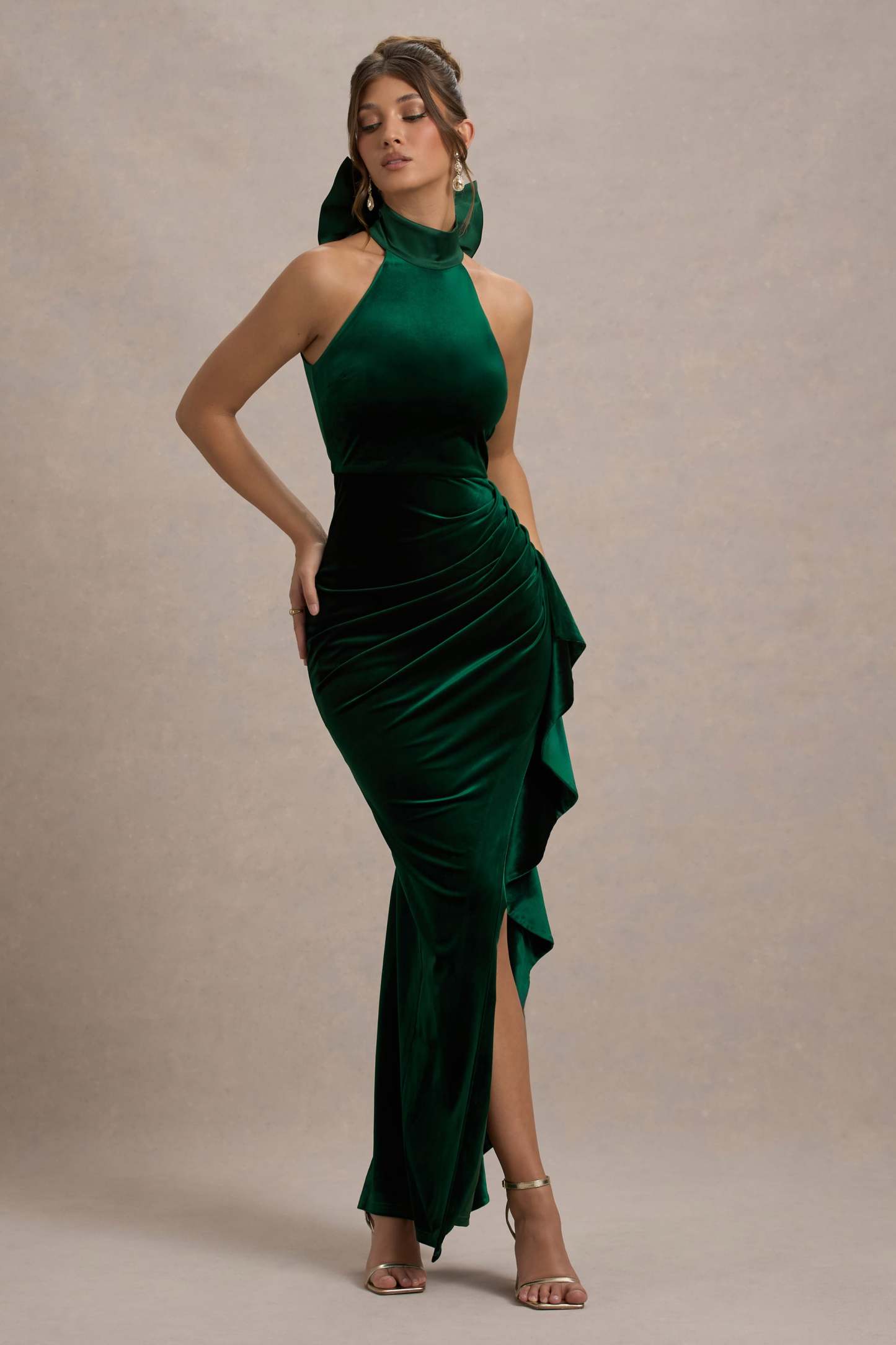 Green Velvet High-Neck Ruffled Split Maxi Dress