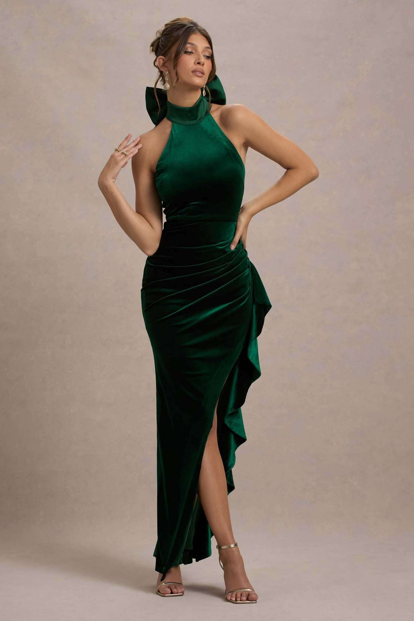 Green Velvet High-Neck Ruffled Split Maxi Dress