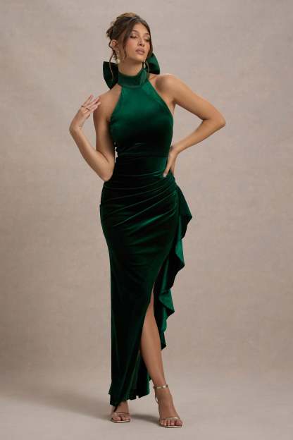 Green Velvet High-Neck Ruffled Split Maxi Dress