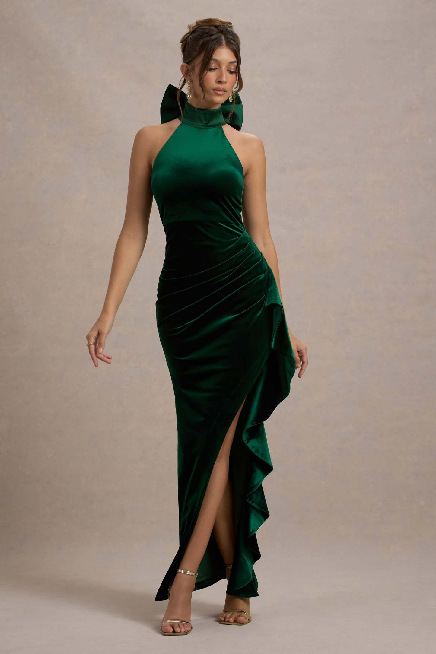 Green Velvet High-Neck Ruffled Split Maxi Dress