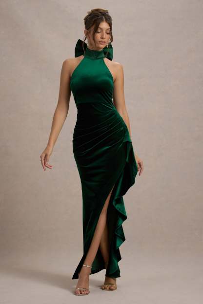 Green Velvet High-Neck Ruffled Split Maxi Dress