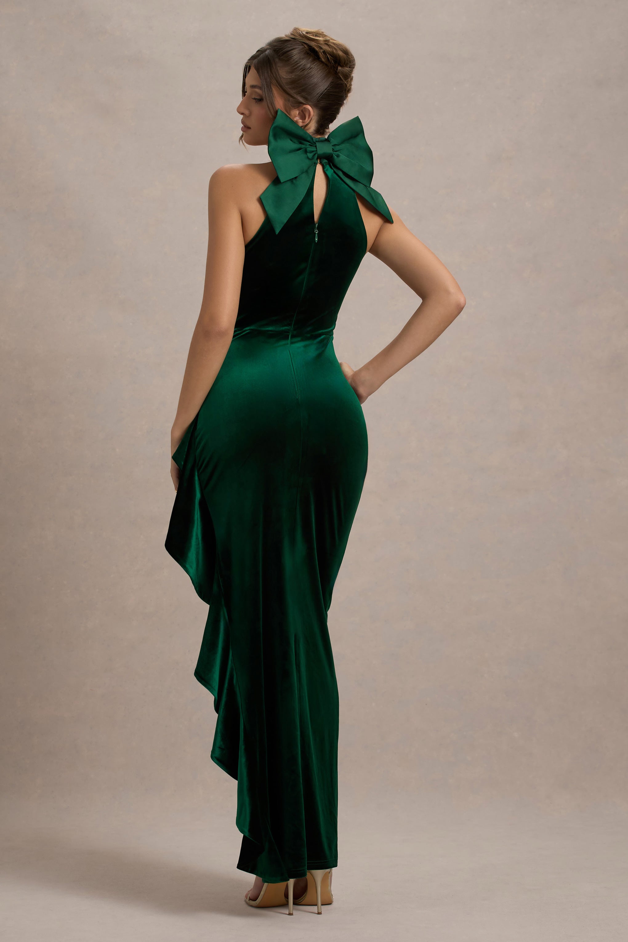 Green Velvet High-Neck Ruffled Split Maxi Dress