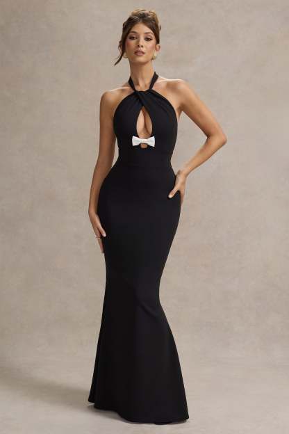 Black Halter-Neck Cut-Out Maxi Dress With Bow