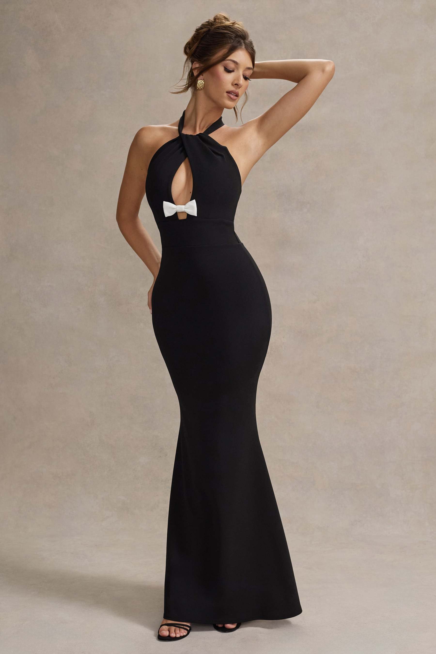 Black Halter-Neck Cut-Out Maxi Dress With Bow