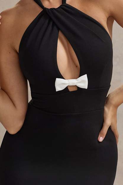 Black Halter-Neck Cut-Out Maxi Dress With Bow