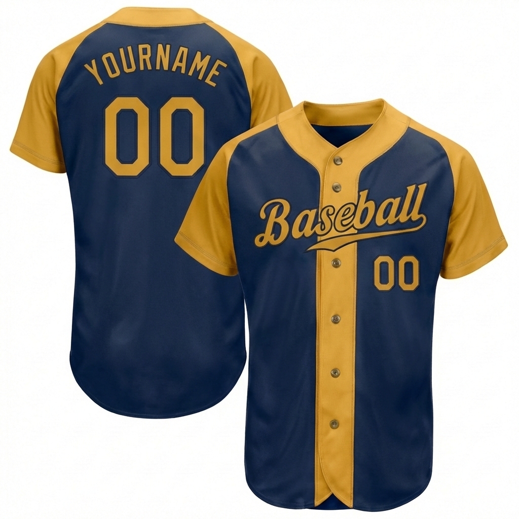 Custom Navy & Yellow Raglan Sleeves Baseball Jersey