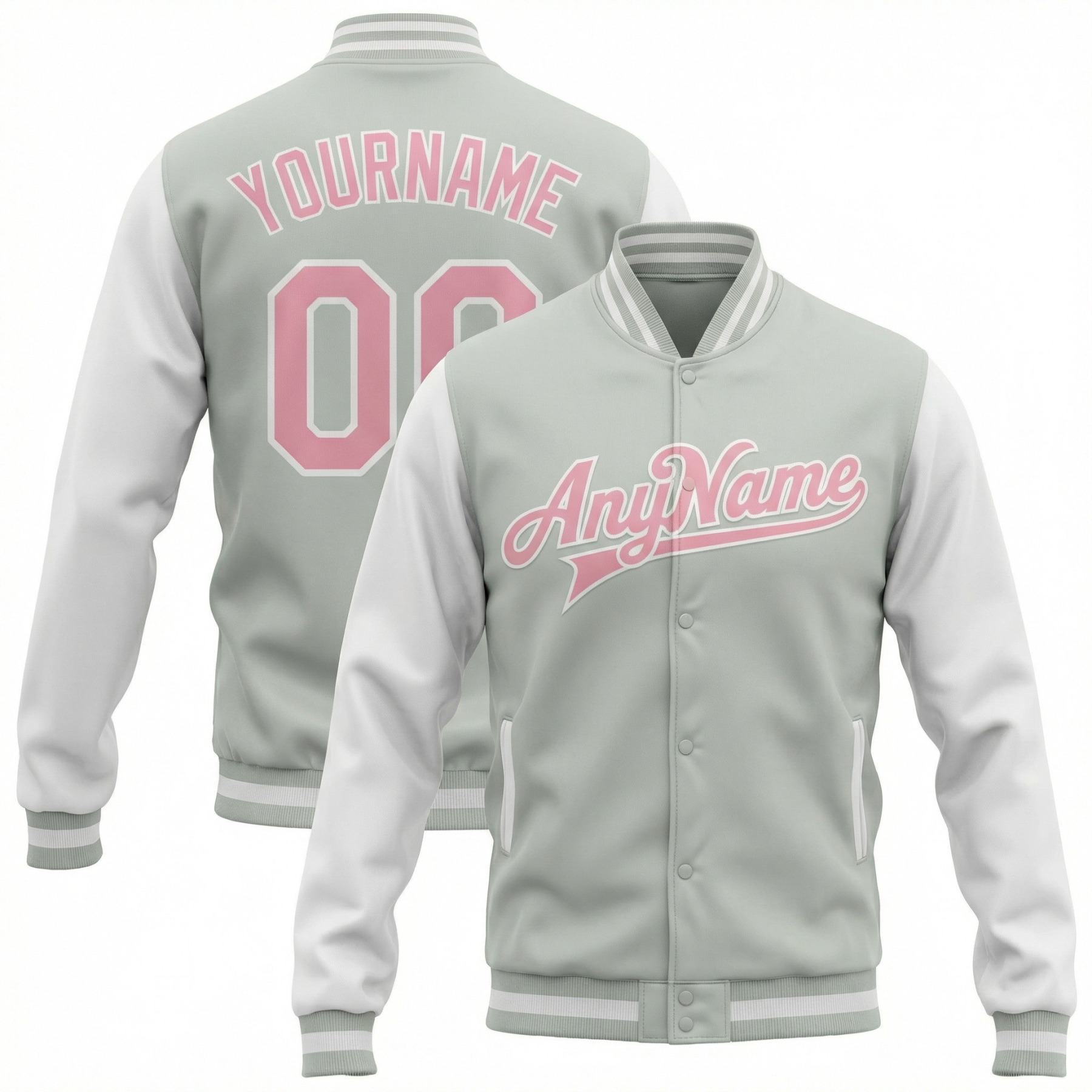 Custom Grey & Pink/White Raglan Sleeves Full-Snap Fleece Jacket