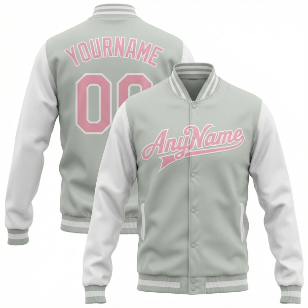 Custom Grey & Pink/White Raglan Sleeves Full-Snap Fleece Jacket