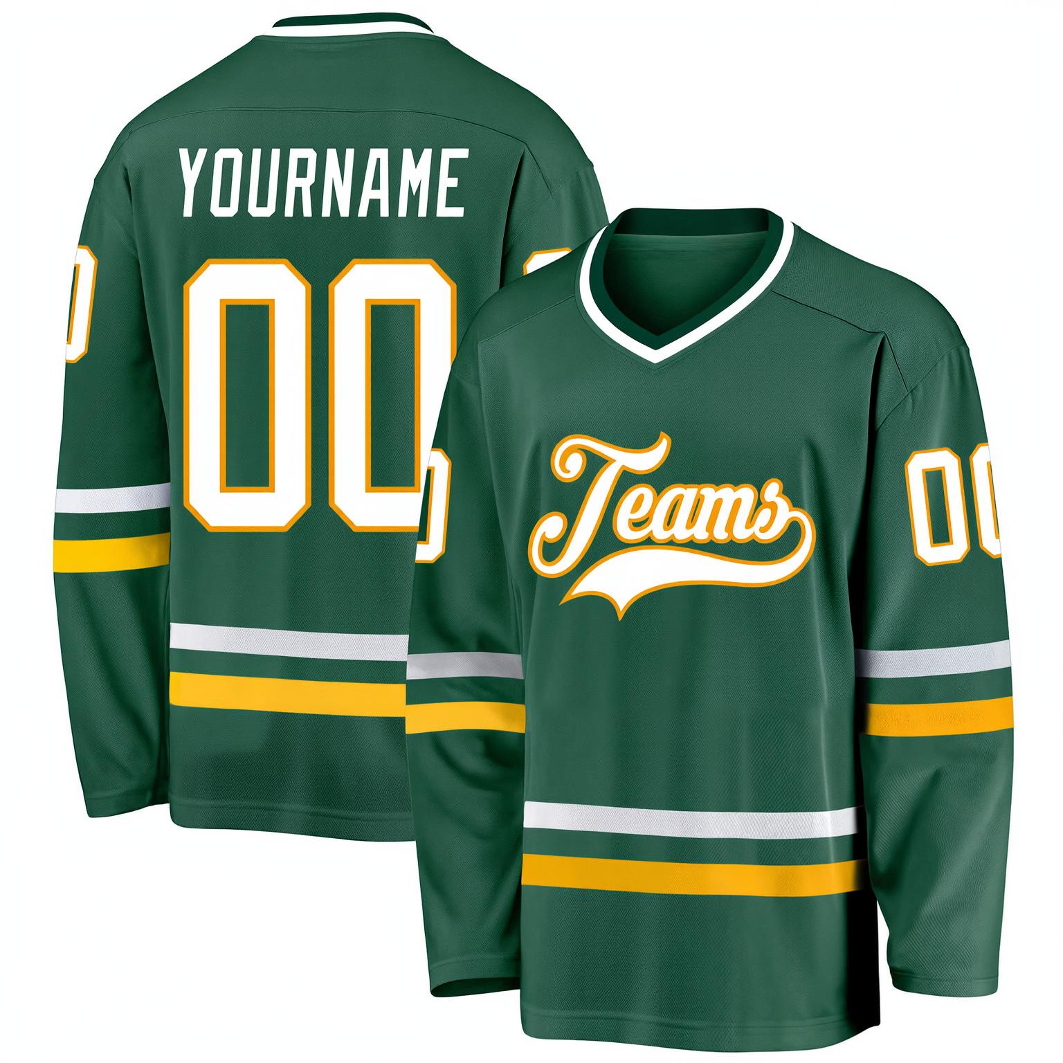 Custom Dark Green & White/Yellow Hockey Jersey