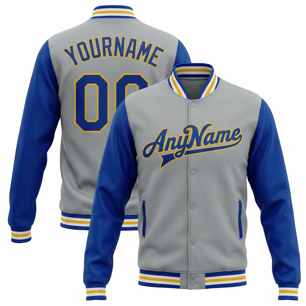 Custom Grey & Yellow/Royal Raglan Sleeves Full-Snap Fleece Jacket