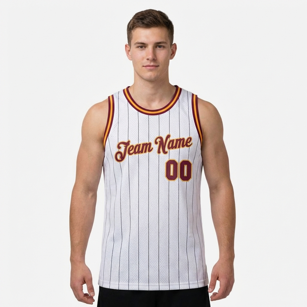 Custom White & Burgundy/Yellow Pinstripes Basketball City Edition Jersey