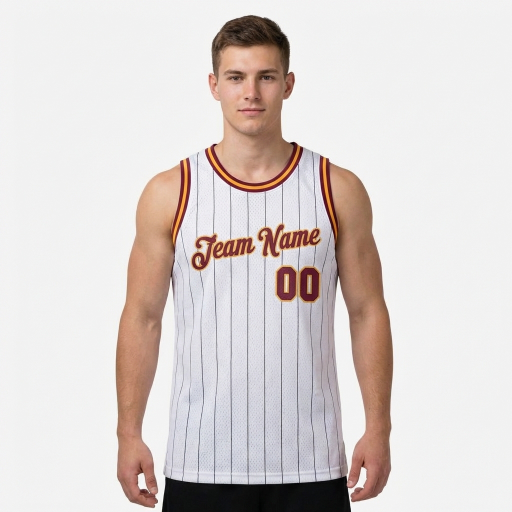 Custom White & Burgundy/Yellow Pinstripes Basketball City Edition Jersey
