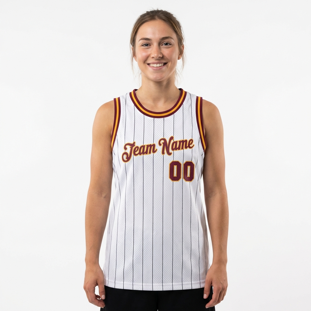 Custom White & Burgundy/Yellow Pinstripes Basketball City Edition Jersey