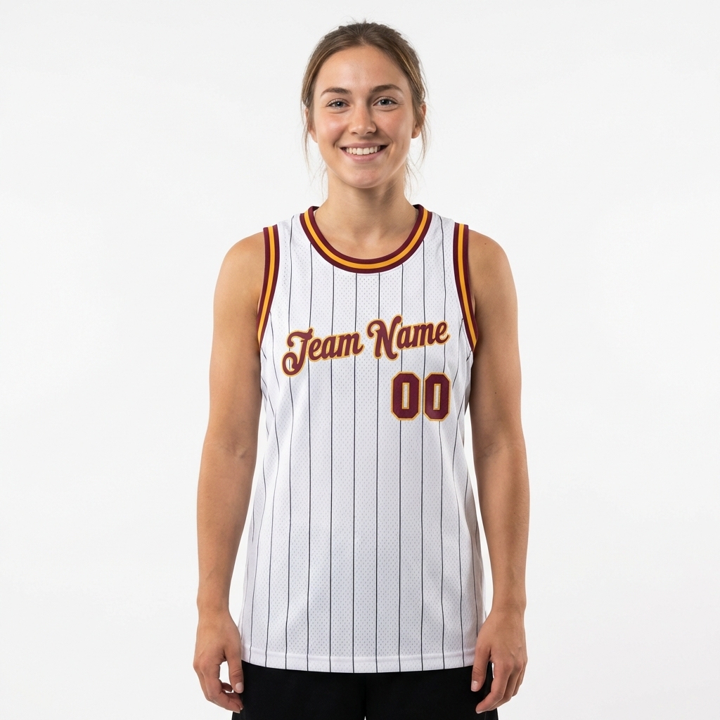Custom White & Burgundy/Yellow Pinstripes Basketball City Edition Jersey
