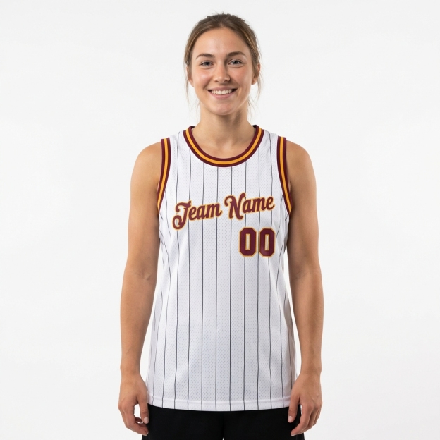 Custom White & Burgundy/Yellow Pinstripes Basketball City Edition Jersey