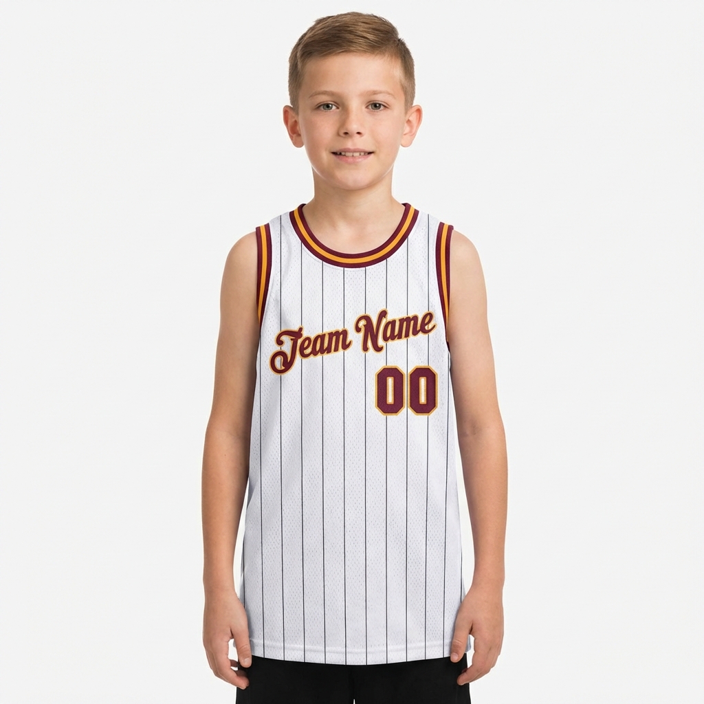 Custom White & Burgundy/Yellow Pinstripes Basketball City Edition Jersey