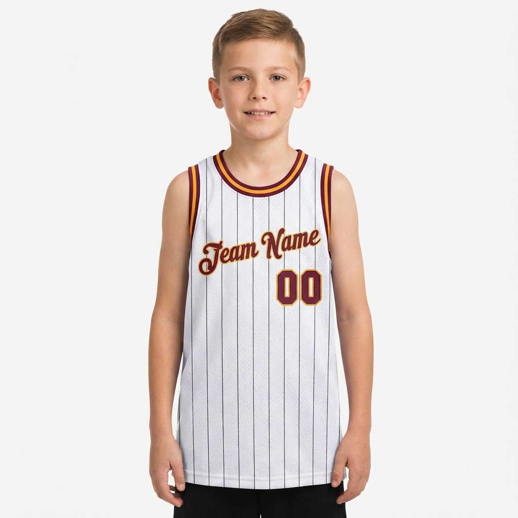 Custom White & Burgundy/Yellow Pinstripes Basketball City Edition Jersey