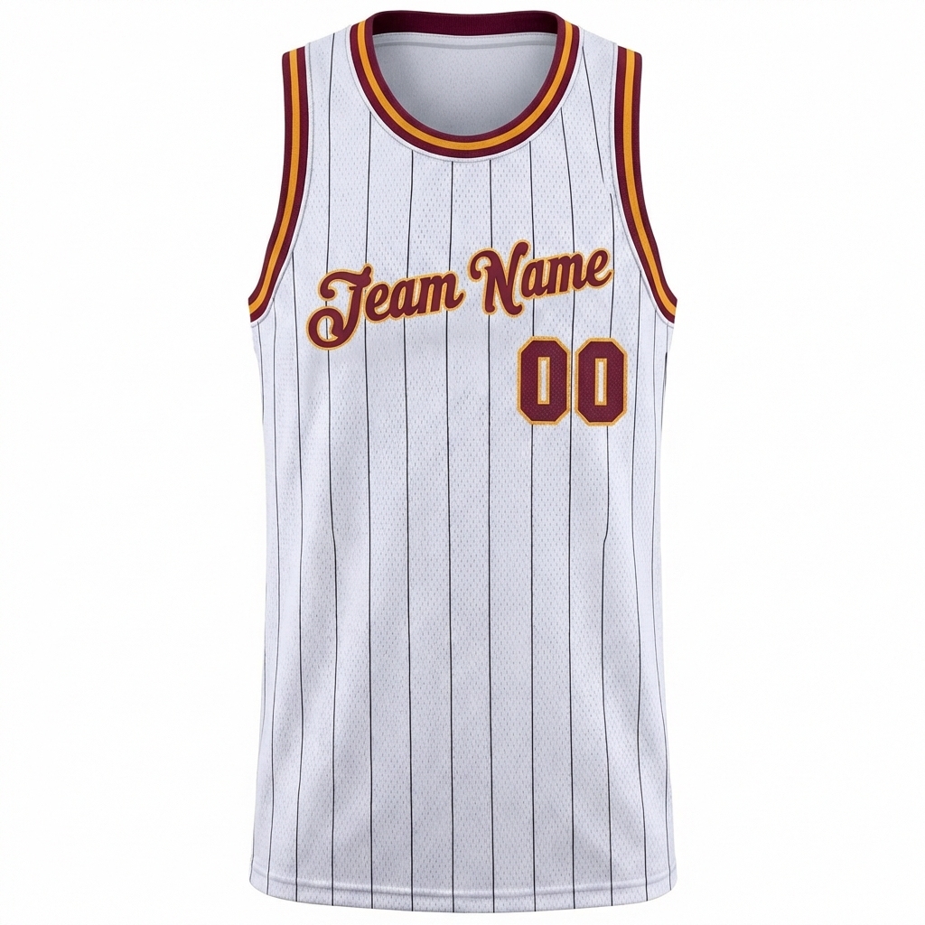 Custom White & Burgundy/Yellow Pinstripes Basketball City Edition Jersey