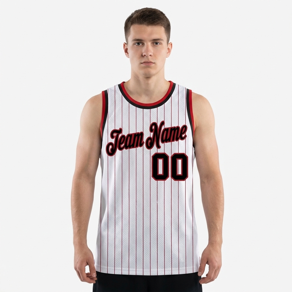 Custom White & Black/Red Pinstripes Basketball City Edition Jersey