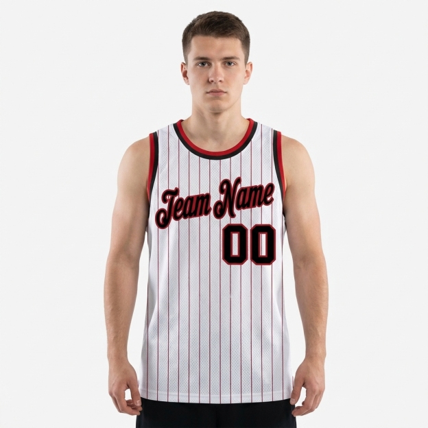Custom White & Black/Red Pinstripes Basketball City Edition Jersey