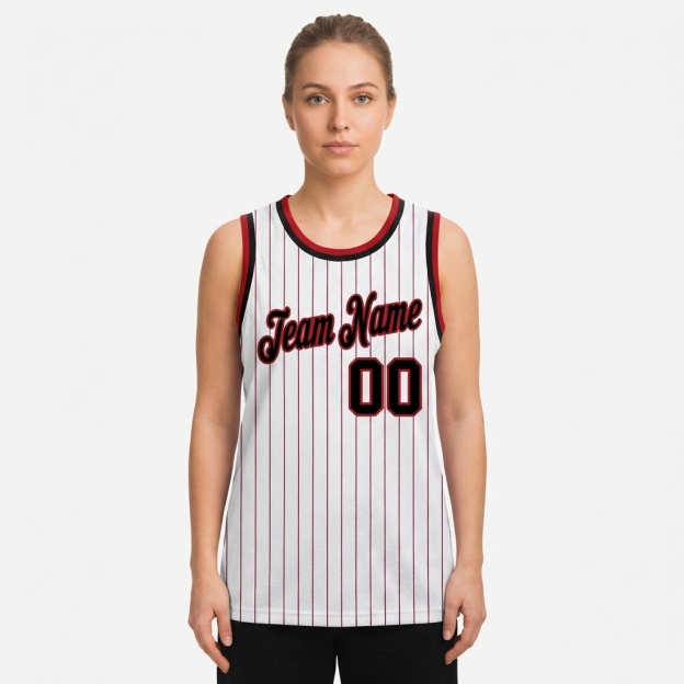 Custom White & Black/Red Pinstripes Basketball City Edition Jersey
