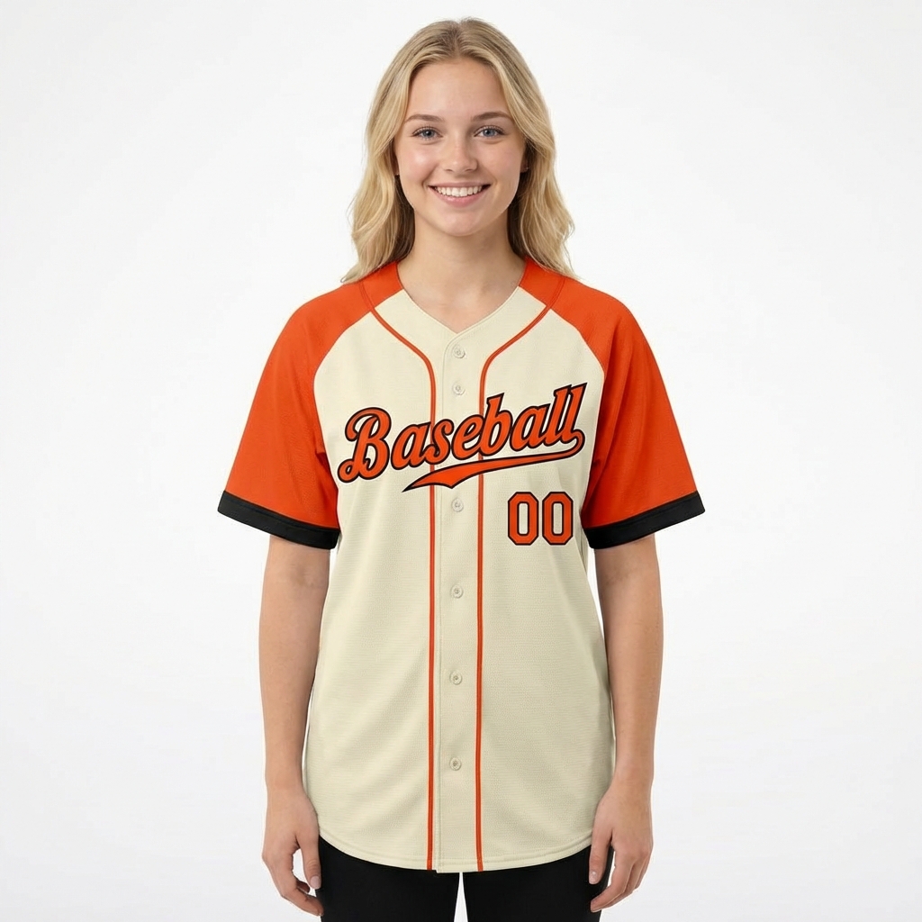 Custom Cream & Orange/Black Raglan Sleeves Baseball Jersey