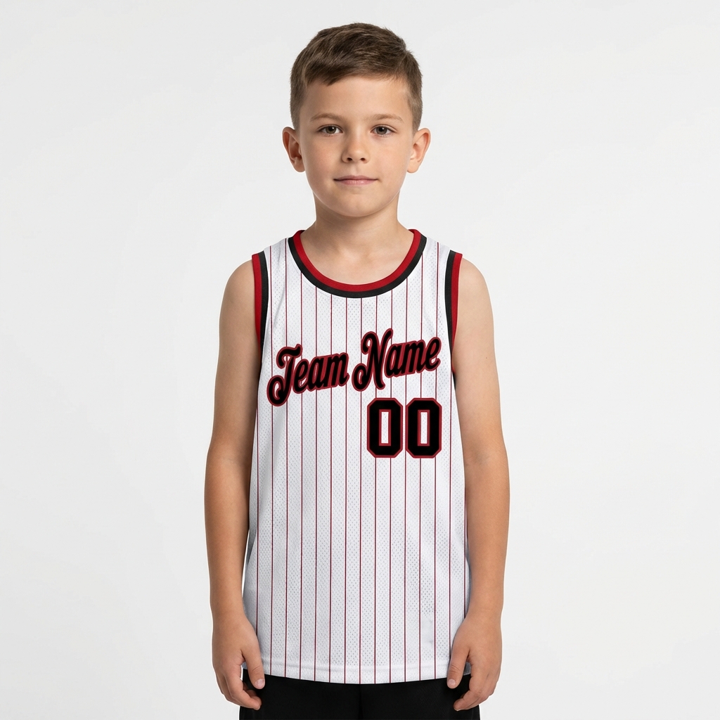 Custom White & Black/Red Pinstripes Basketball City Edition Jersey