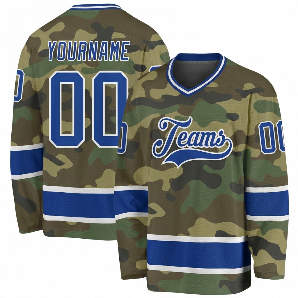 Custom Camo Royal & White Salute To Service Hockey Jersey