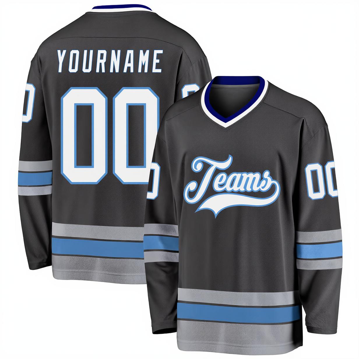 Custom Dark Grey & White/Blue Hockey Jersey