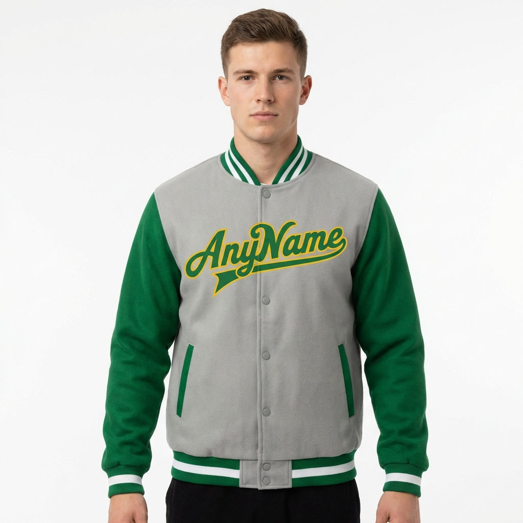 Custom Grey & White/Green Raglan Sleeves Full-Snap Fleece Jacket