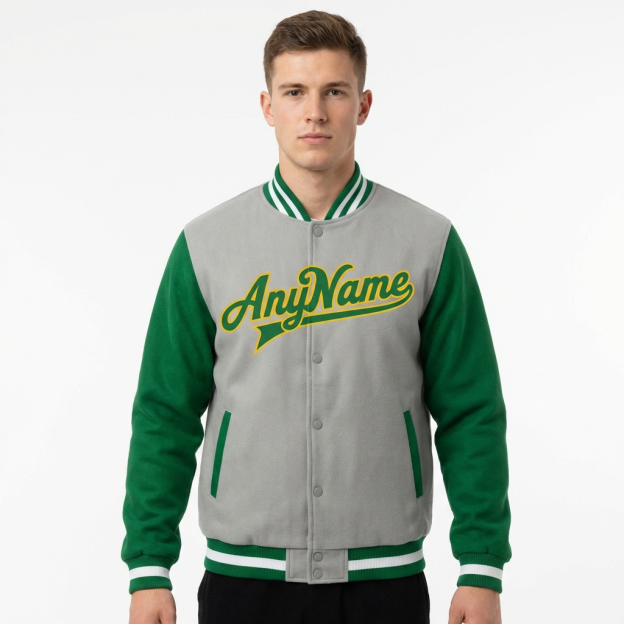 Custom Grey & White/Green Raglan Sleeves Full-Snap Fleece Jacket