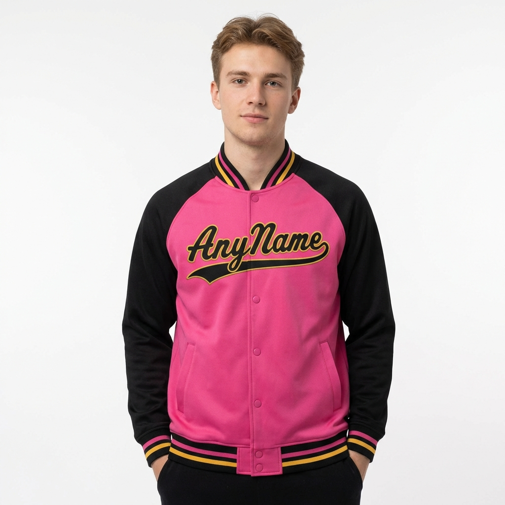 Custom Pink & Yellow/Black Raglan Sleeves Full-Snap Fleece Jacket
