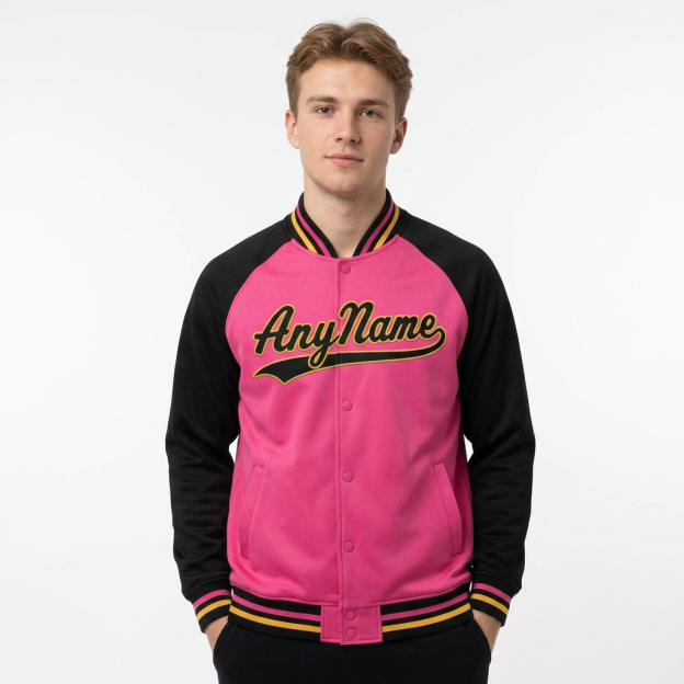 Custom Pink & Yellow/Black Raglan Sleeves Full-Snap Fleece Jacket