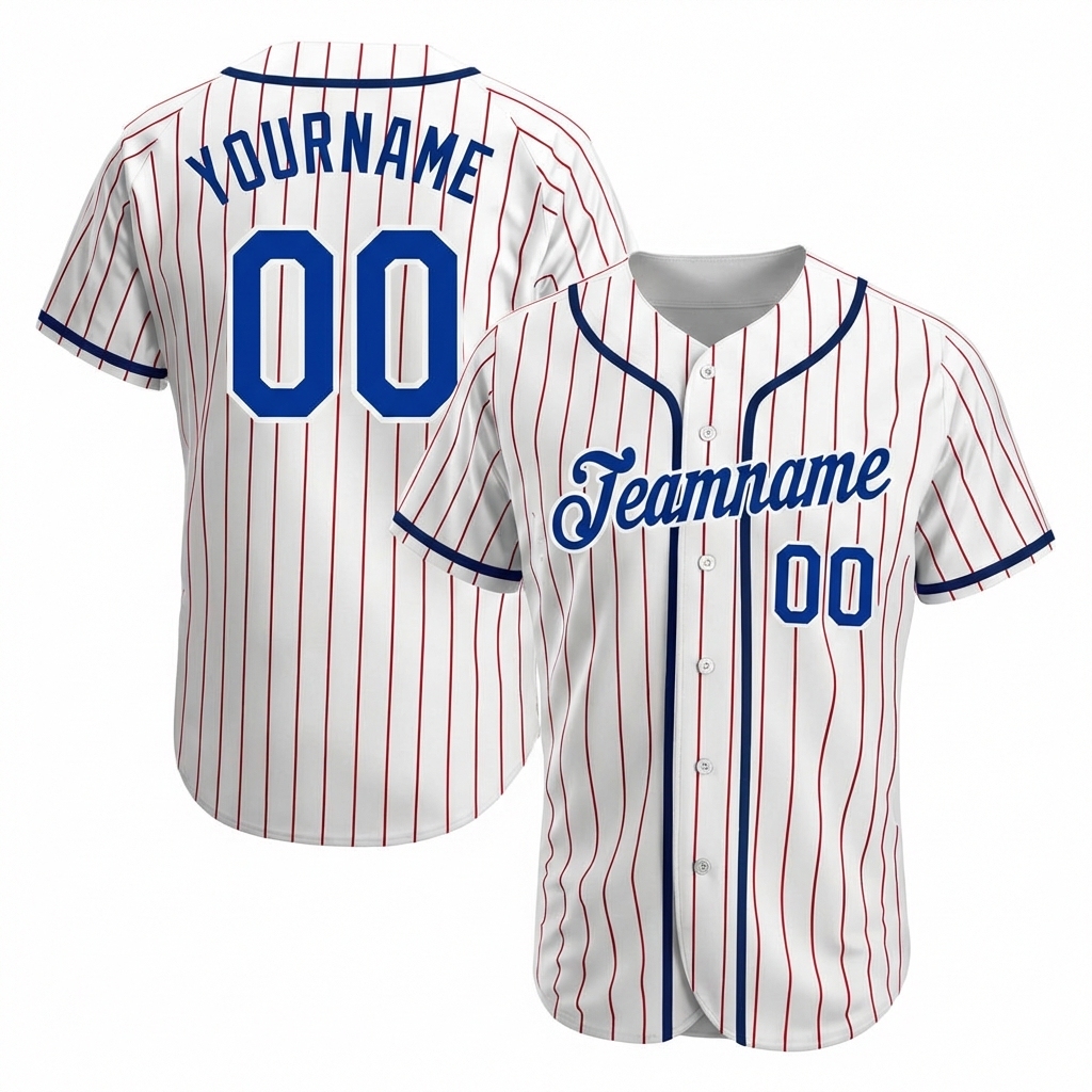 Custom White & Royal Blue/Red Pinstripes Baseball Jersey