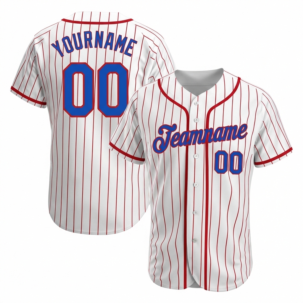 Custom White & Blue/Red Pinstripes Baseball Jersey