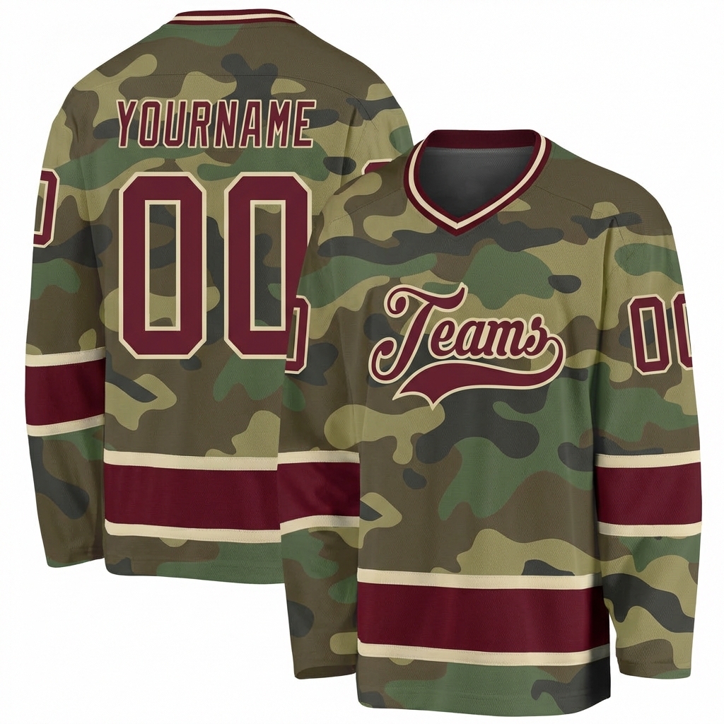Custom Camo Burgundy & Cream Salute To Service Hockey Jersey