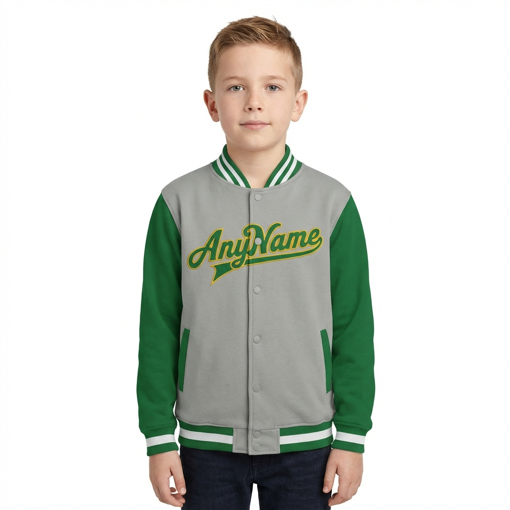 Custom Grey & White/Green Raglan Sleeves Full-Snap Fleece Jacket