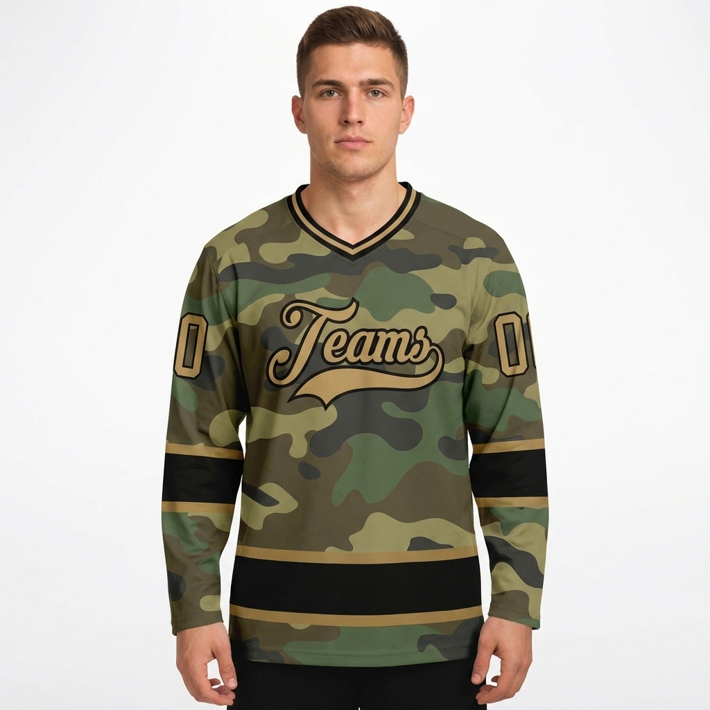 Custom Camo Black & Khaki Salute To Service Hockey Jersey