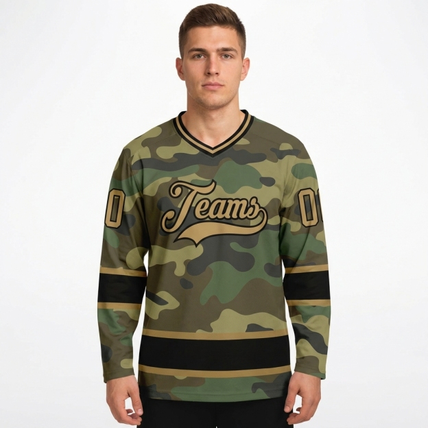 Custom Camo Black & Khaki Salute To Service Hockey Jersey